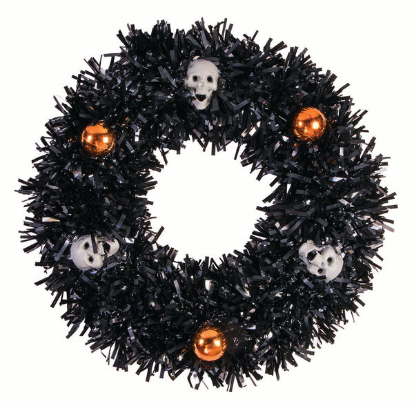 TINSEL WREATH-SKULLS&BALLS-BLK